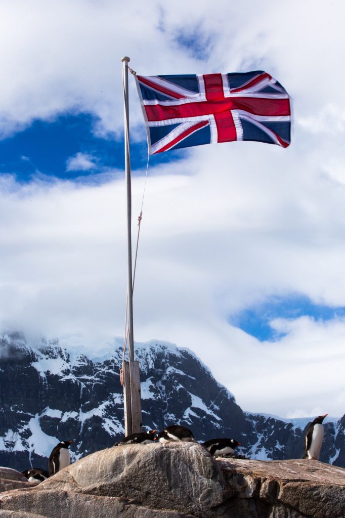 The flag of the United Kingdom flies over Antarctica